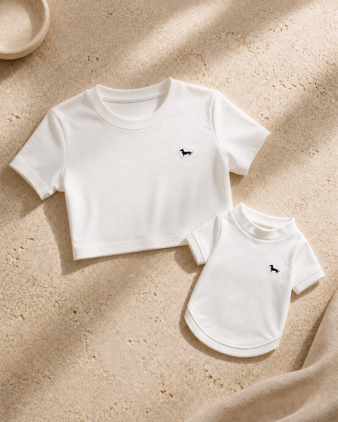 Conjunto crop top mujer y camiseta perrito bordada — Romeo &Co