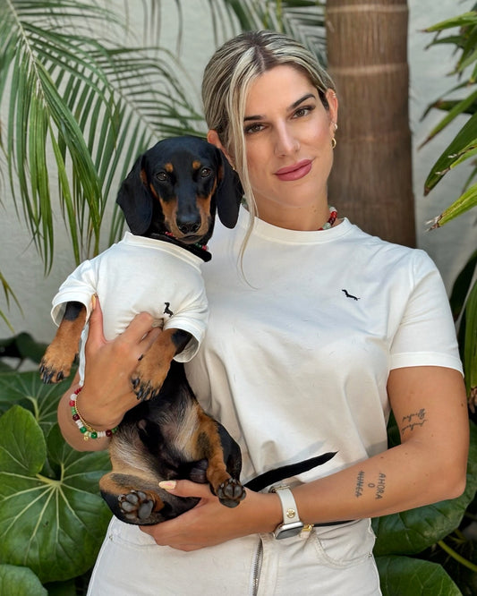 Conjunto top bordado mujer y camiseta bordada perrito