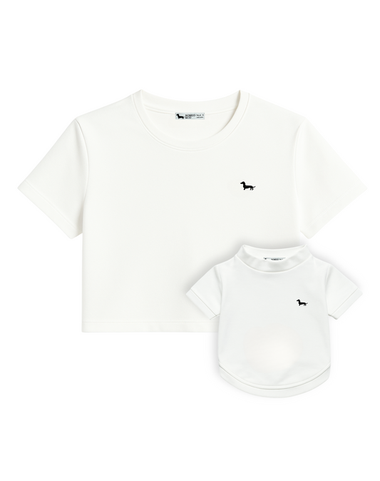 Conjunto top bordado mujer y camiseta bordada perrito